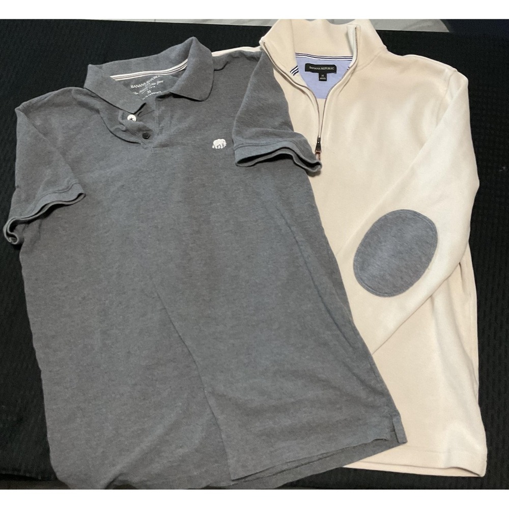 Banana Republic Sweater Mens Medium White 1/4 Zip Mock Neck + Gray Polo Lot Of 2